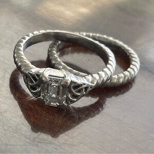 1 carat Emerald cut diamond engagement ring and matching band in platinum